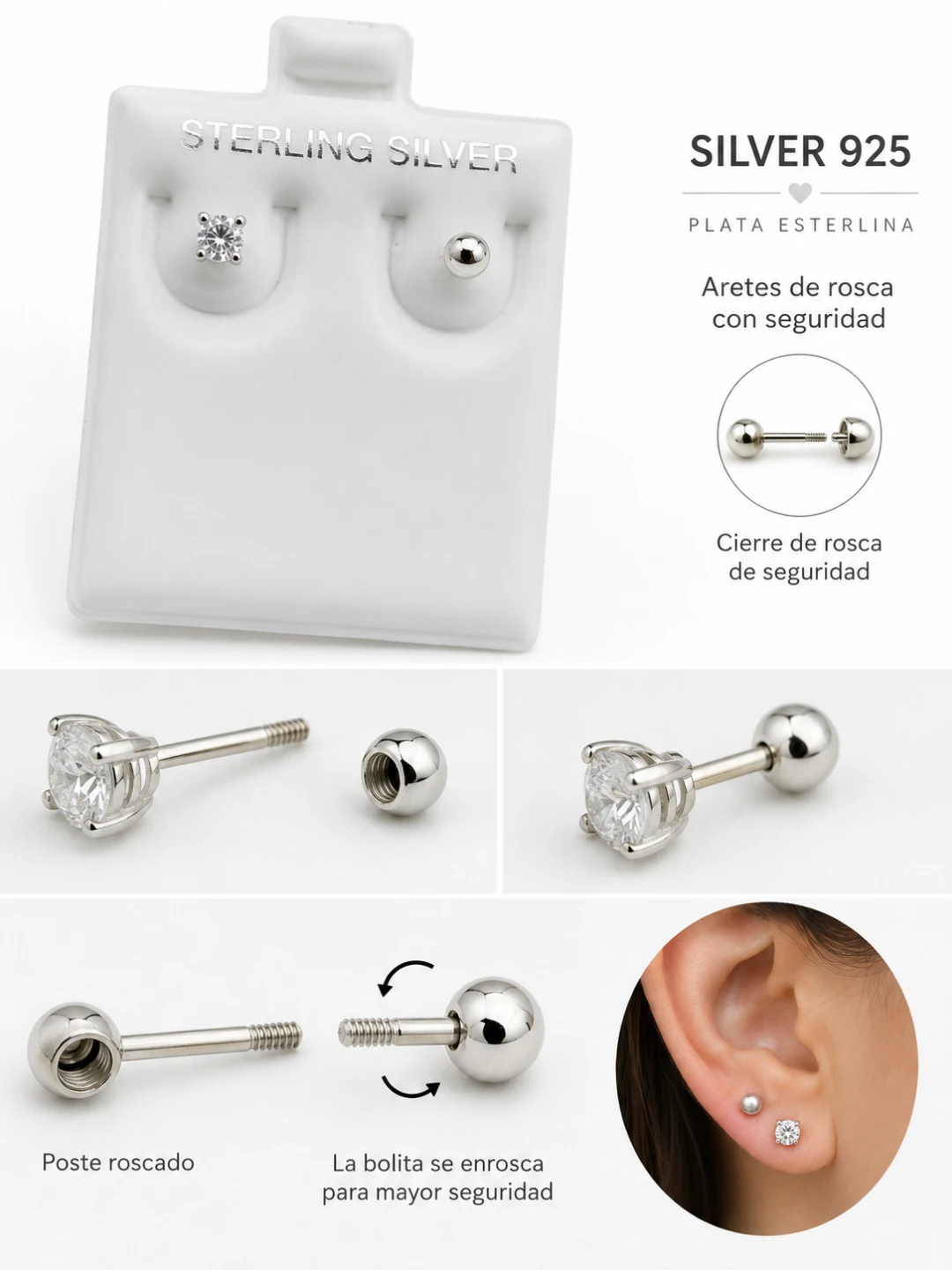 Sterling Silver 925 Stud Earrings with Screw Back
