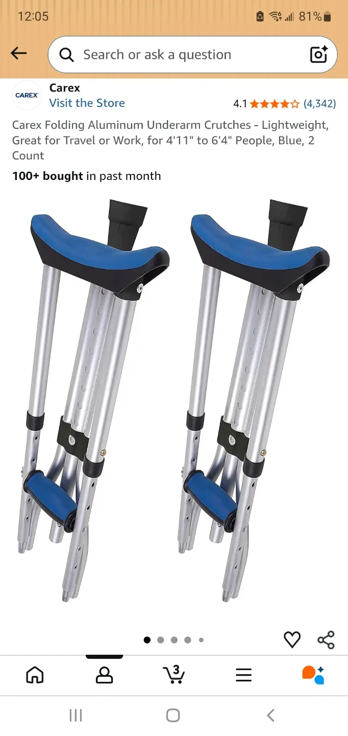 Brand New Carex Folding Aluminum Underarm Crutches - Blue