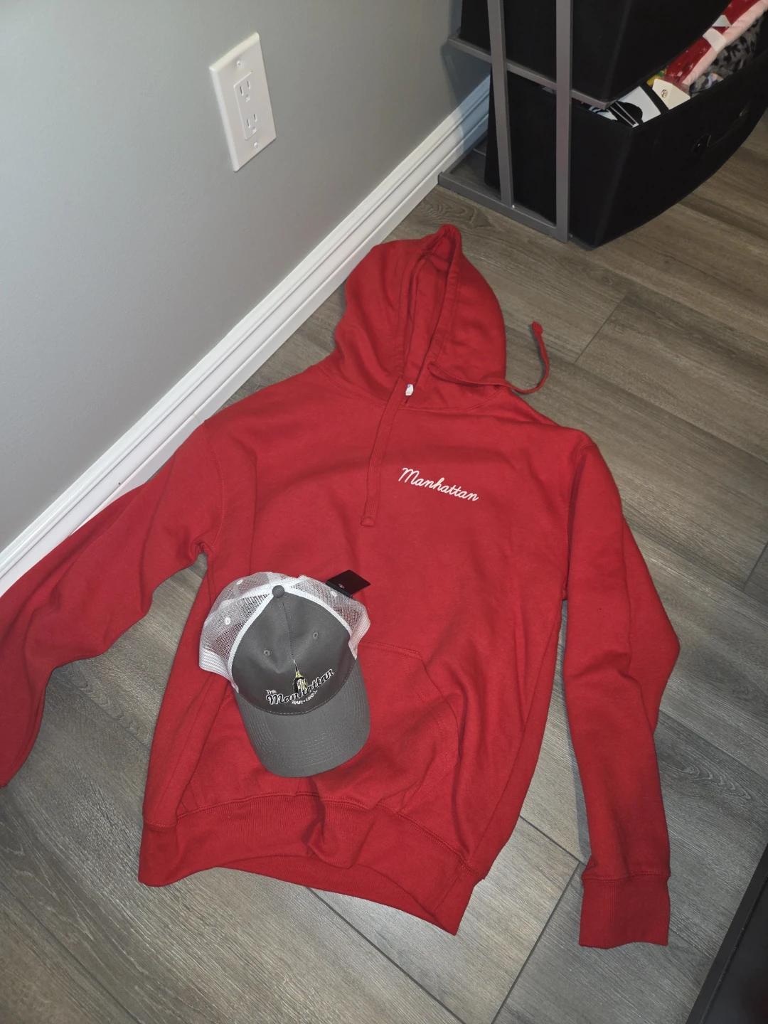 Red Manhattan Hoodie and Grey  Hat