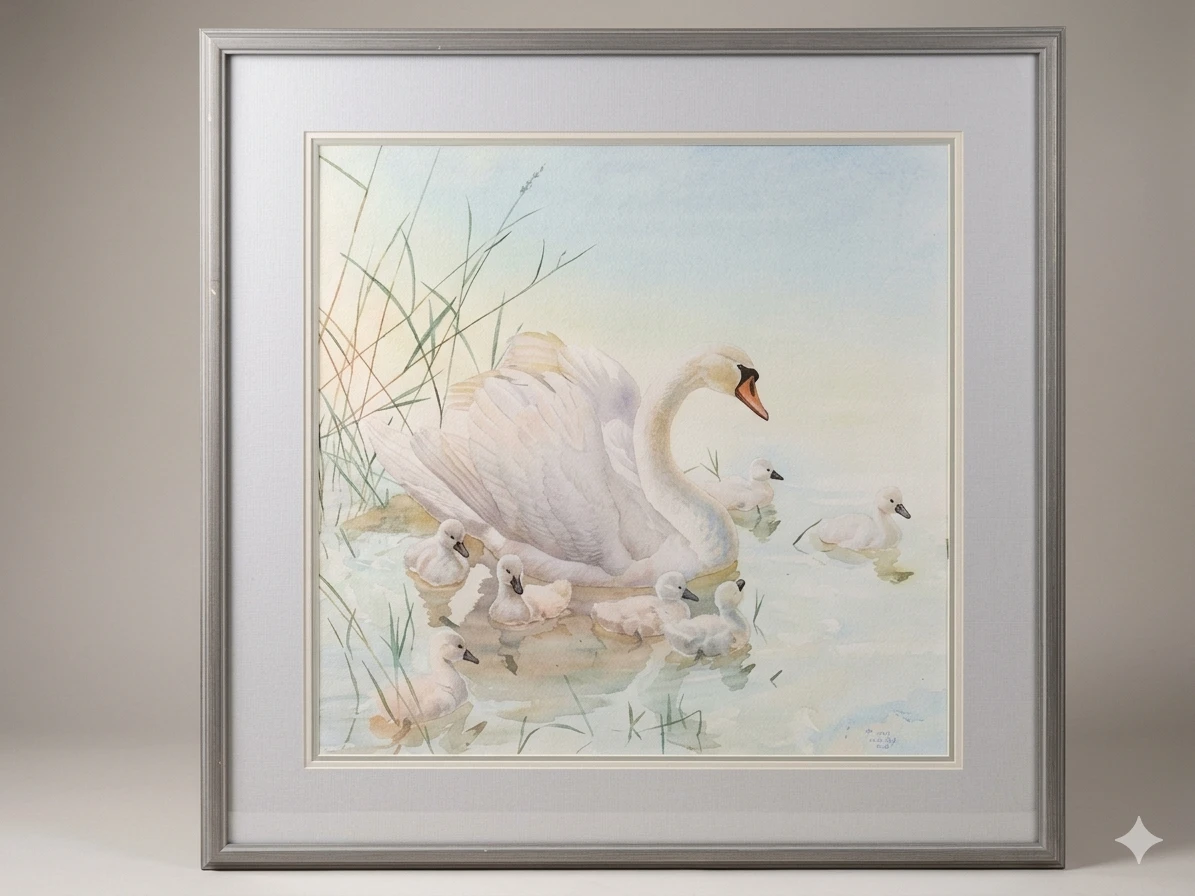 Framed Glen Loates Swan and Cygnet Art Print