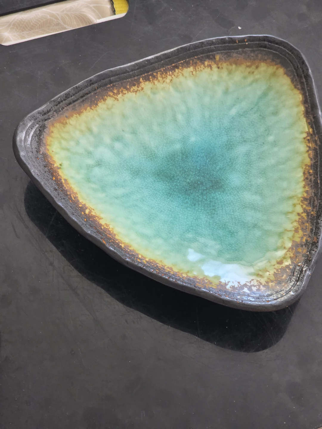 Kotobuki Japanese crackled stoneware ceramic triangle dish