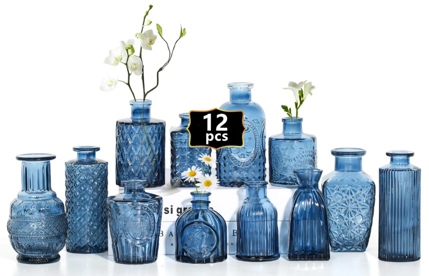 12 pcs Blue Glass Flower Vases