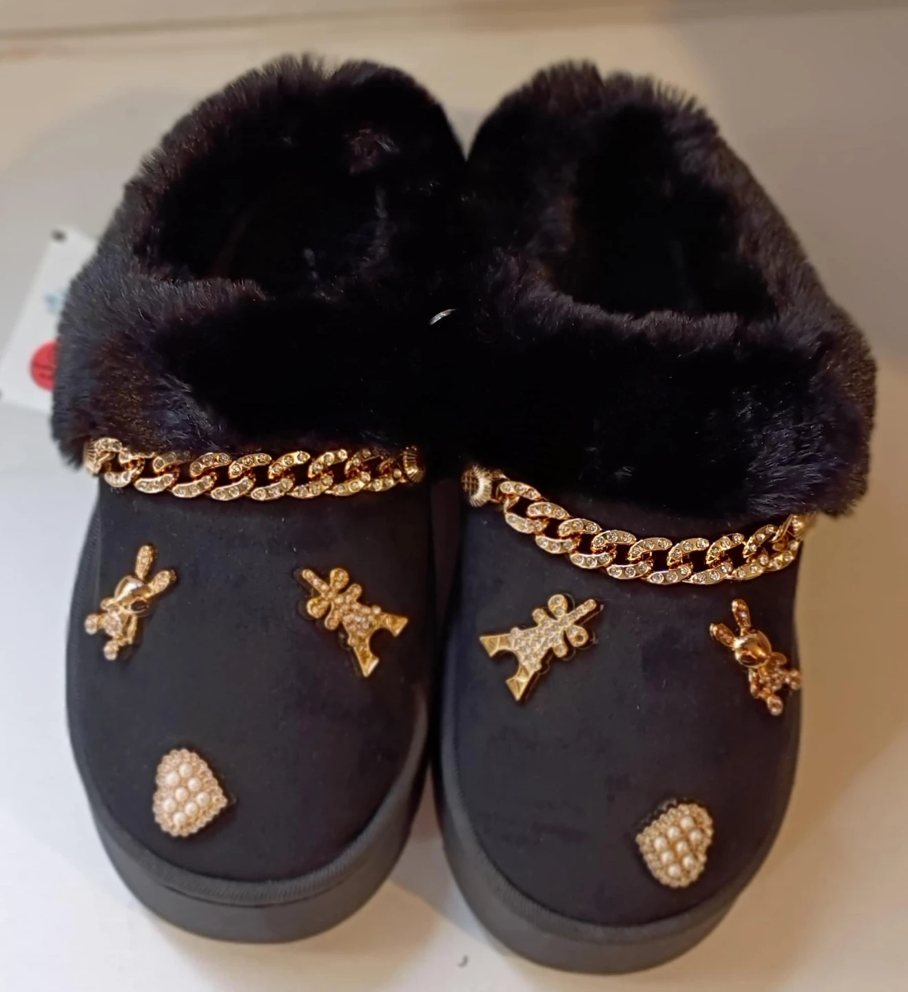 Black Faux Fur Lined Slip-on Shoes with Gold Embellishments