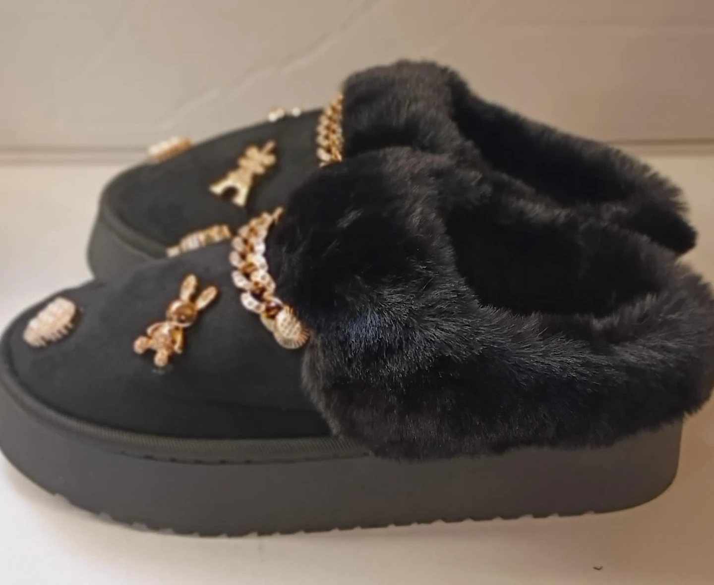 Black Faux Fur Lined Slip-on Shoes with Gold Embellishments - photo 2