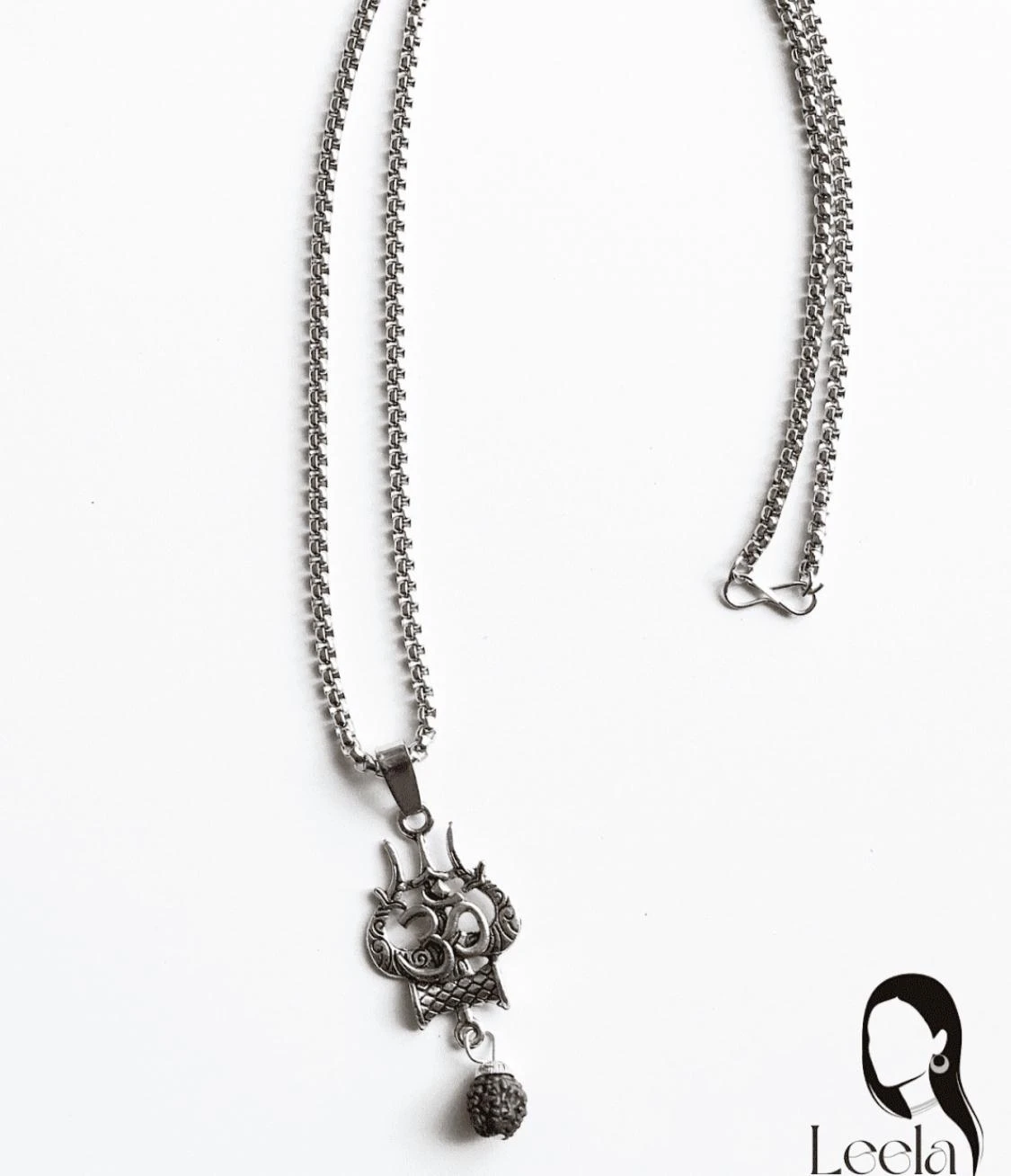 Silver Om Trishul Rudraksha Pendant Necklace
