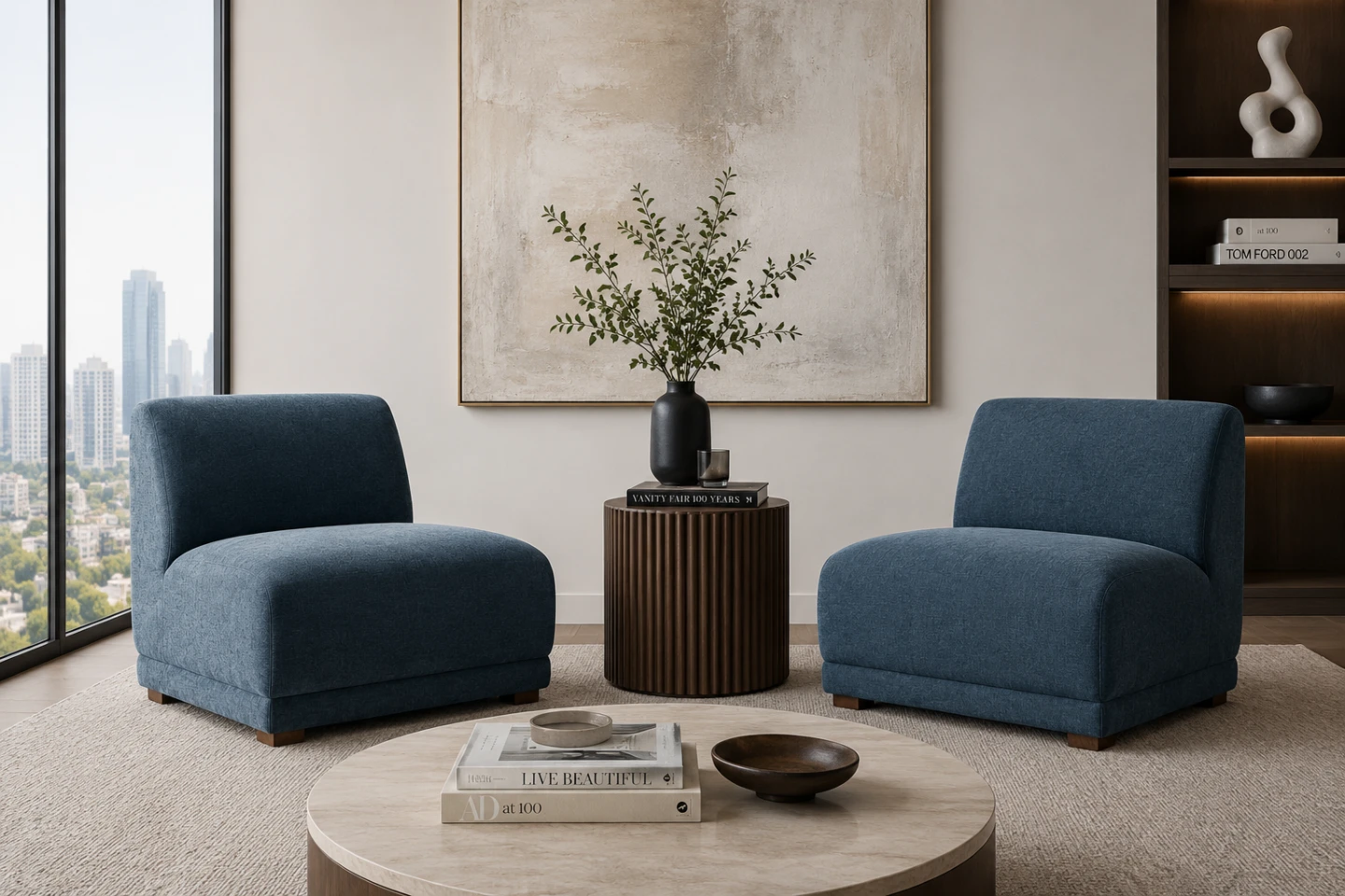 A pair Fraser Modular Armless Chair - Deep Blue