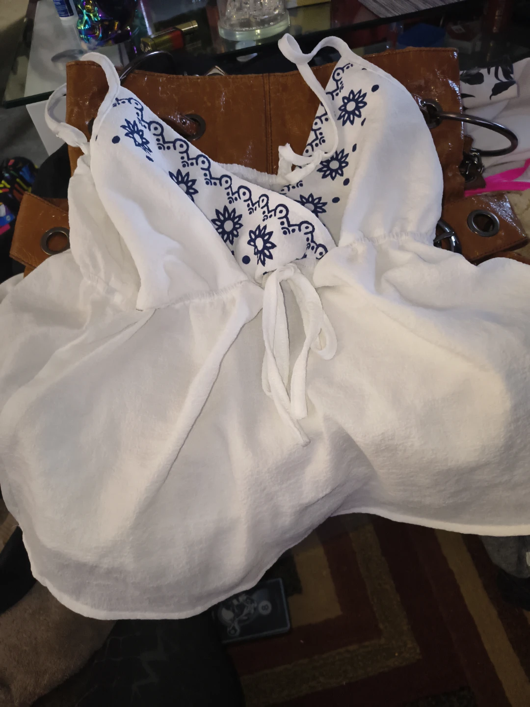 White sundress with blue floral print