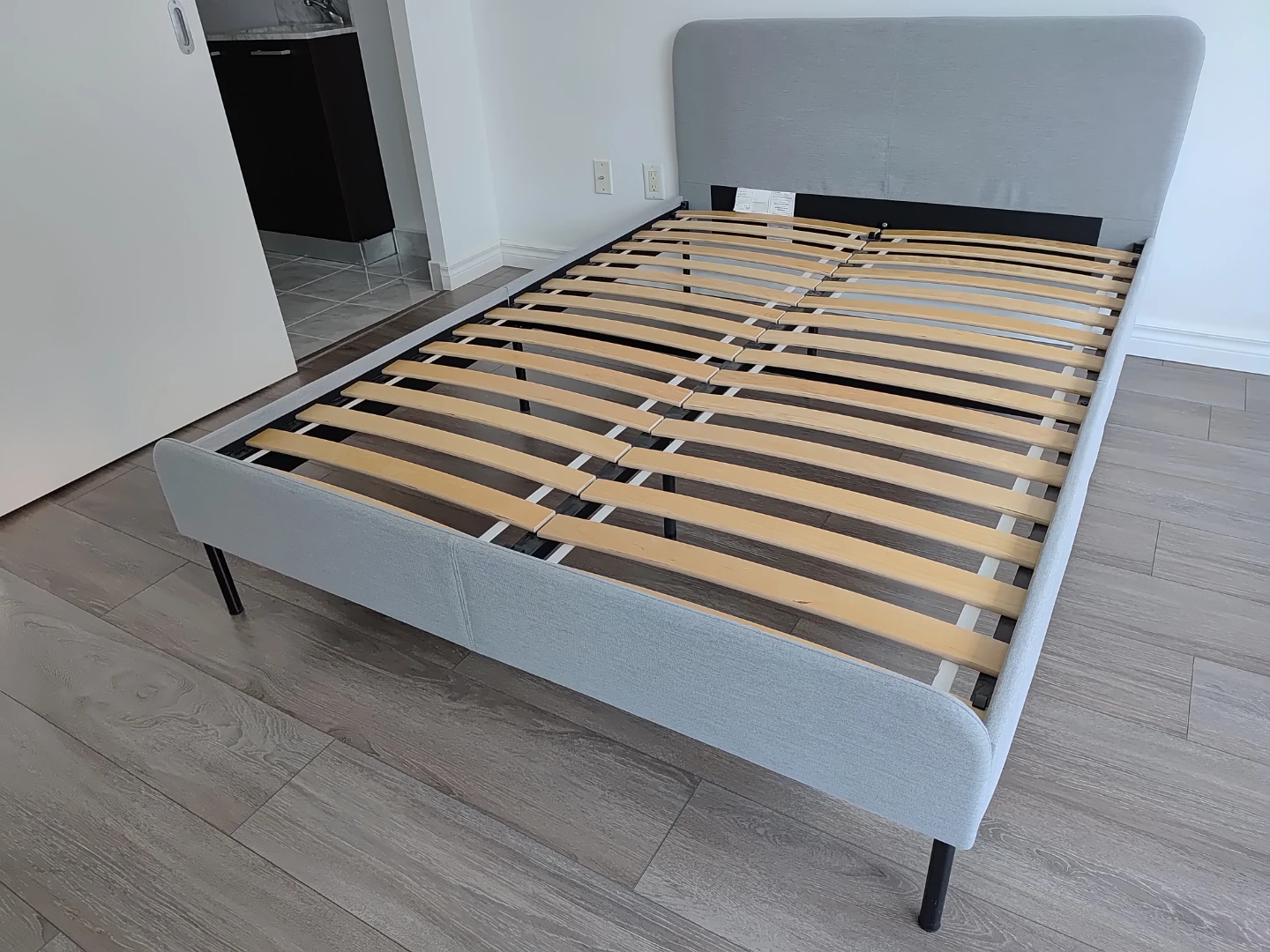 Ikea Grey Upholstered Bed Frame with Slats, full