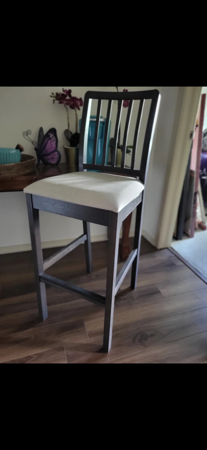 Dark Wood Bar Stool with Light Upholstered Seat