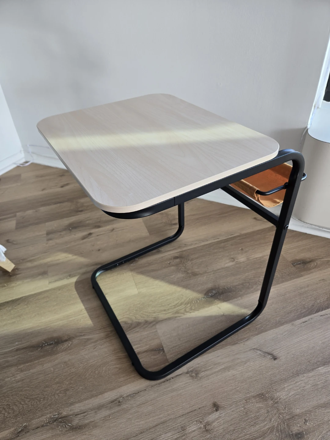 Wooden Top Side Table with Orange Sling Pocket
