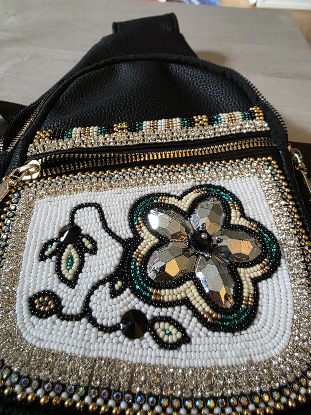 Black Faux Leather Sling Bag with Beaded Flower Design