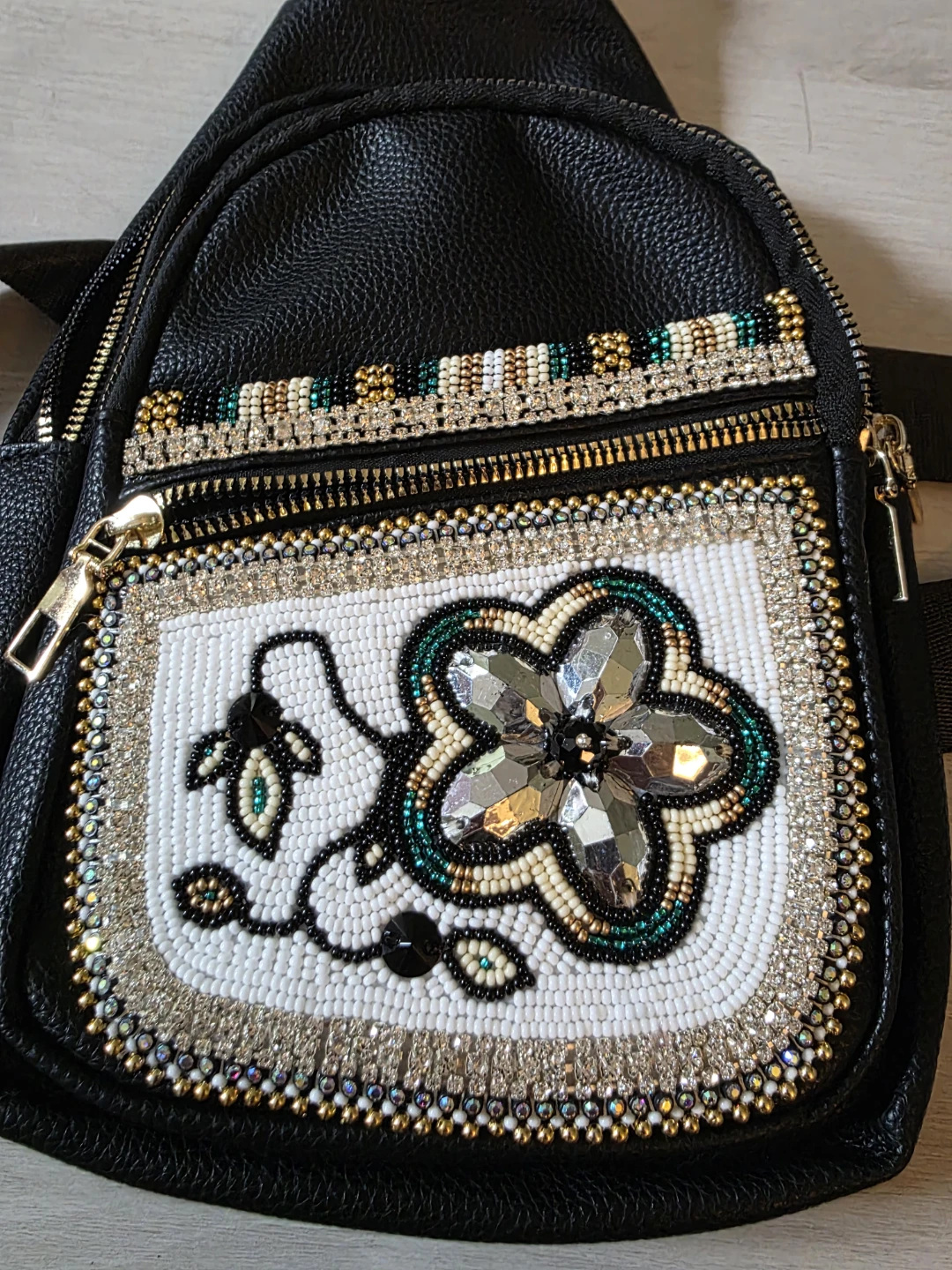 Black Faux Leather Sling Bag with Beaded Flower Design - photo 2