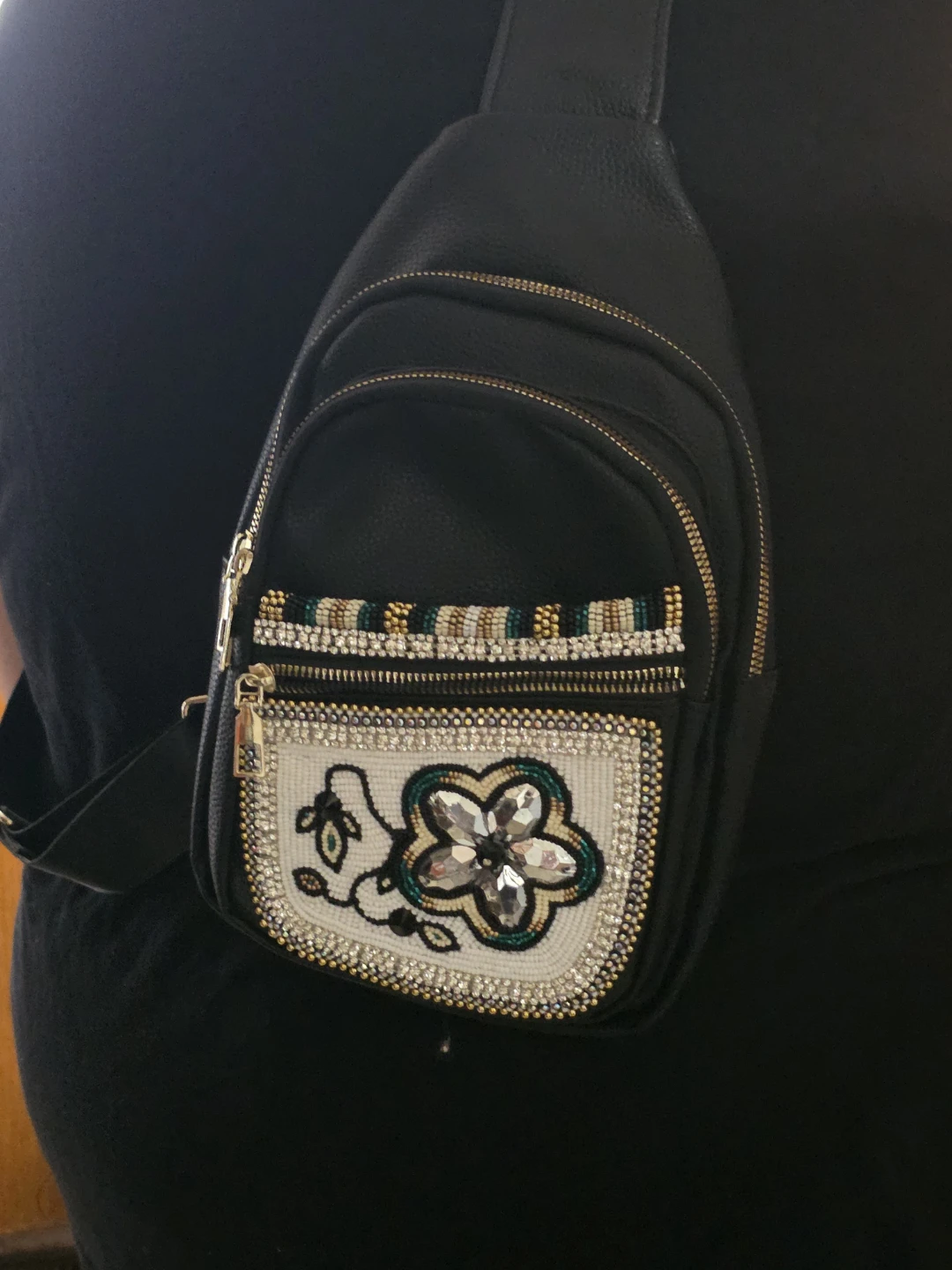 Black Faux Leather Sling Bag with Beaded Flower Design - photo 3