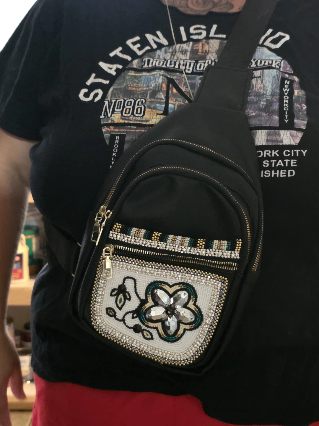 Black Faux Leather Sling Bag with Beaded Flower Design - photo 4