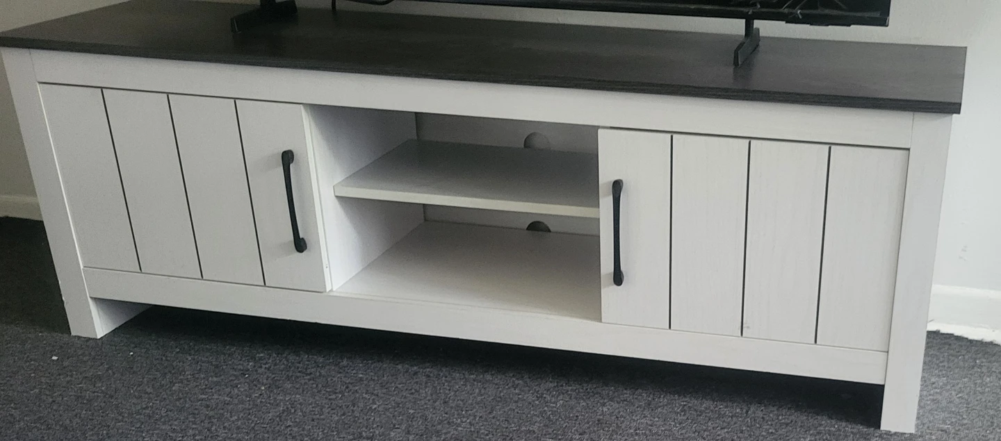 White TV Stand with Dark Wood Top