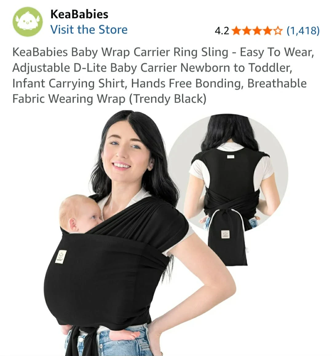 KeaBabies Black D-Lite Wrap Carrier