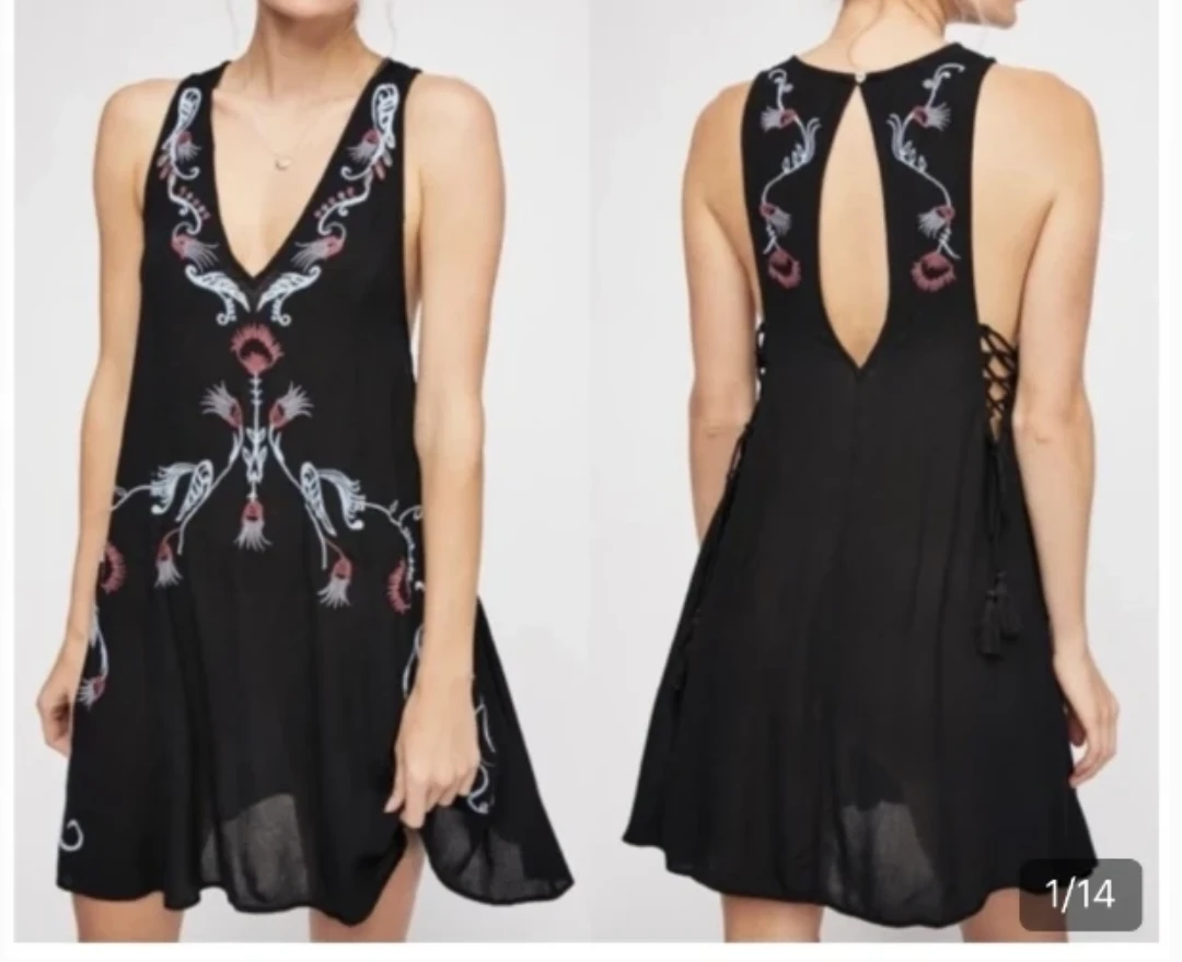 Free People Black Embroidered Mini Dress