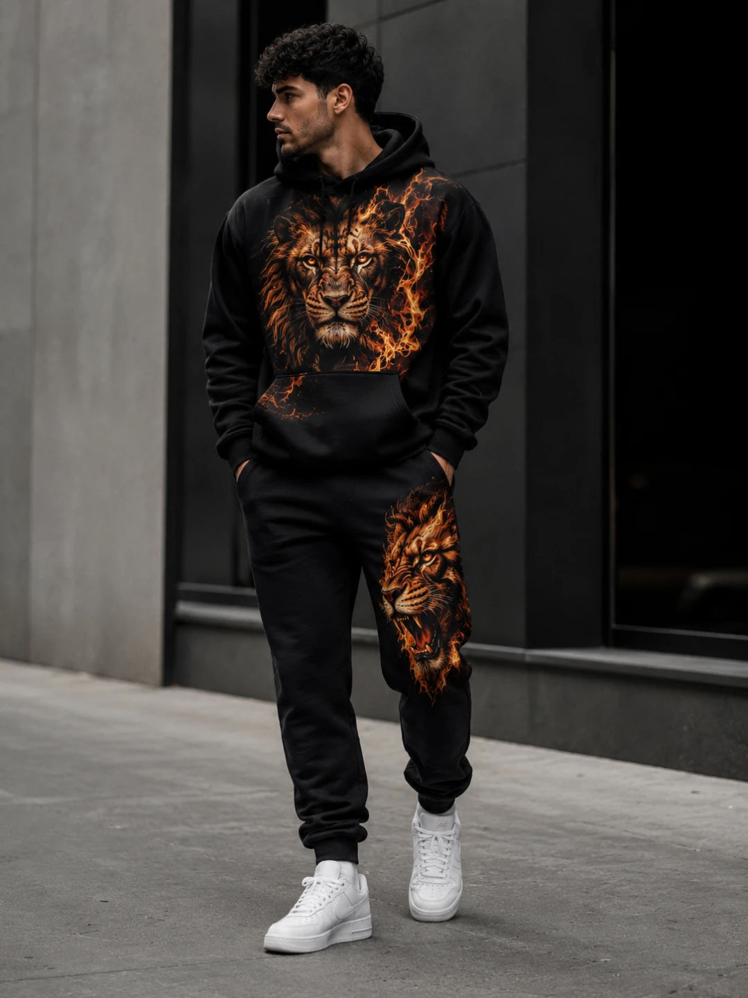 Black Lion Graphic Hoodie and Sweatpants Set