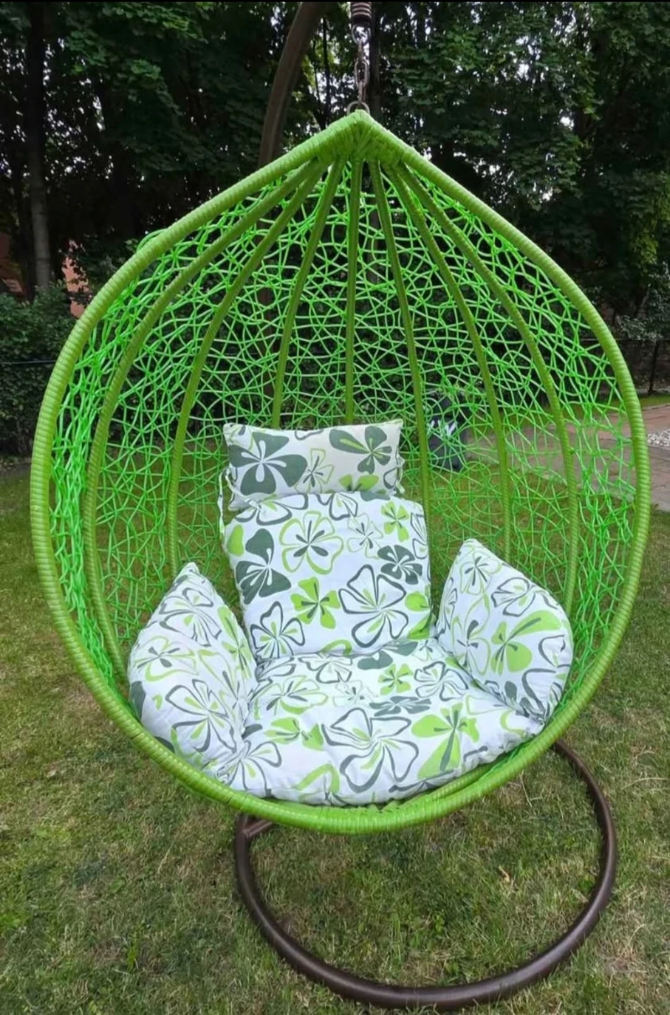 Bright Green Hanging Egg Chair with Floral Cushions