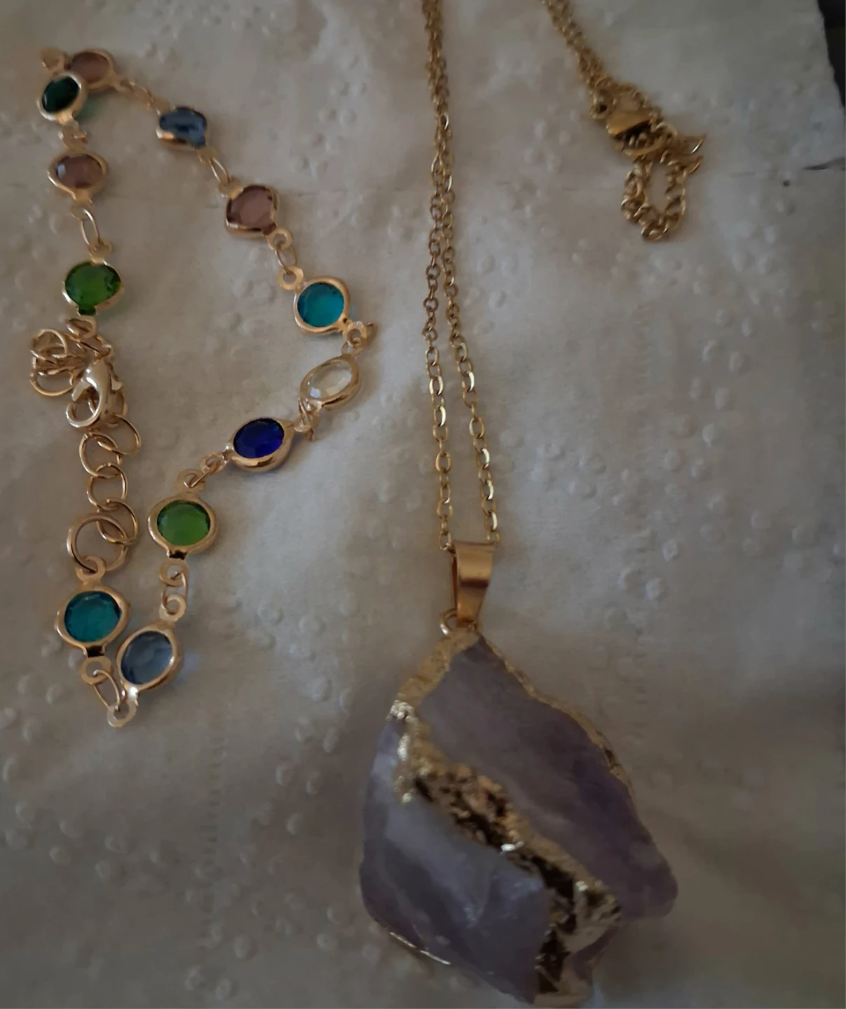 Gold-tone Necklace with Amethyst Pendant and Beaded Bracelet