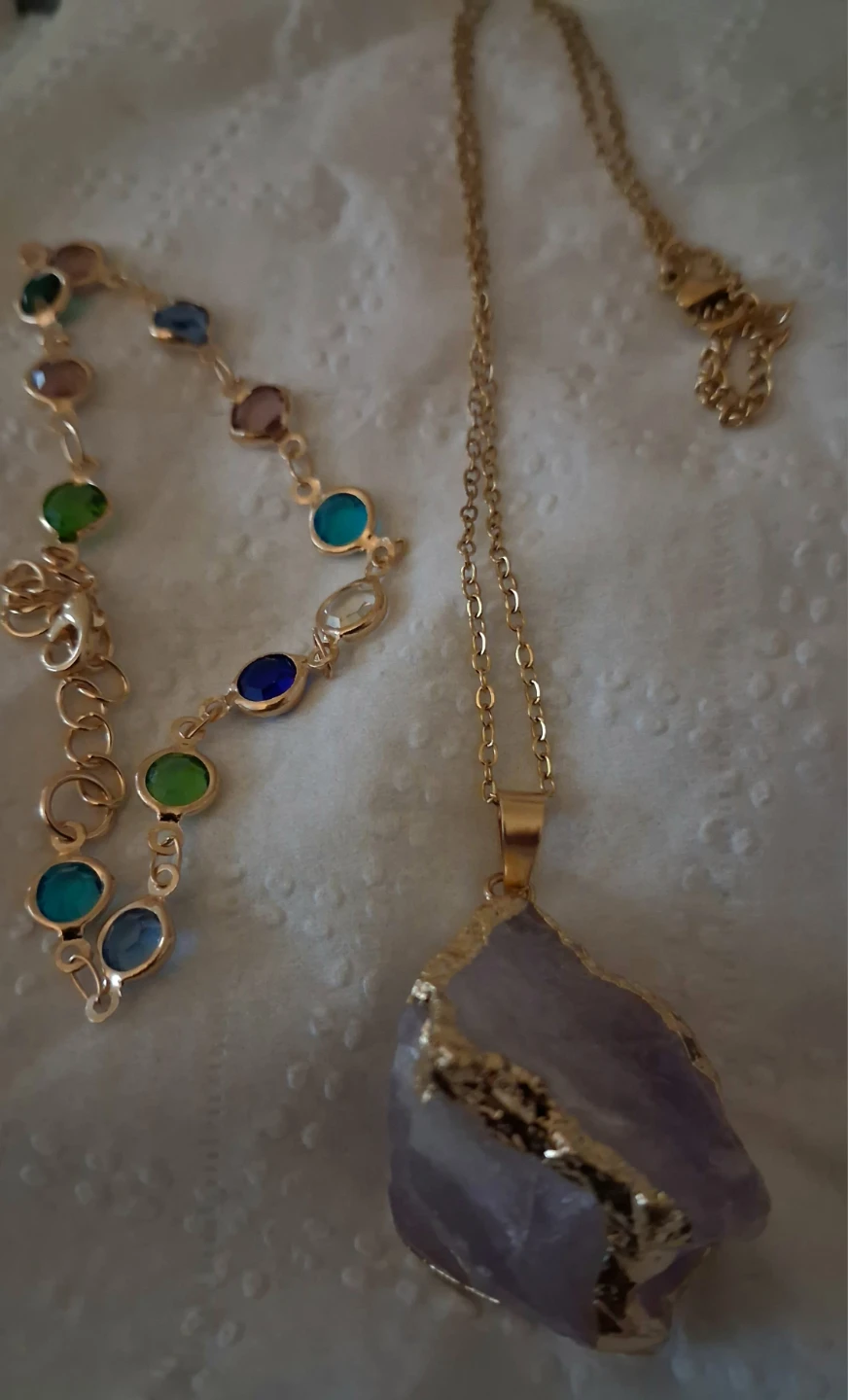 Gold-tone Necklace with Amethyst Pendant and Beaded Bracelet - photo 2