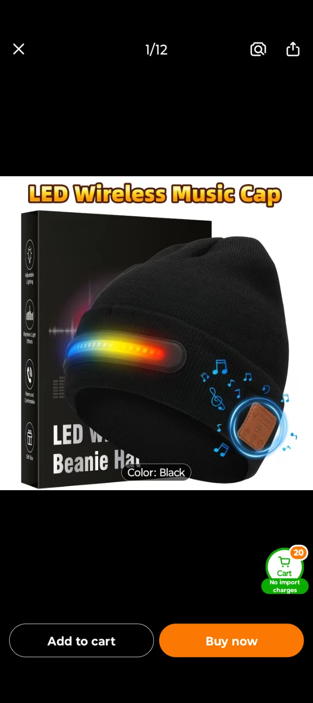 LED Wireless Music Beanie Hat - Black