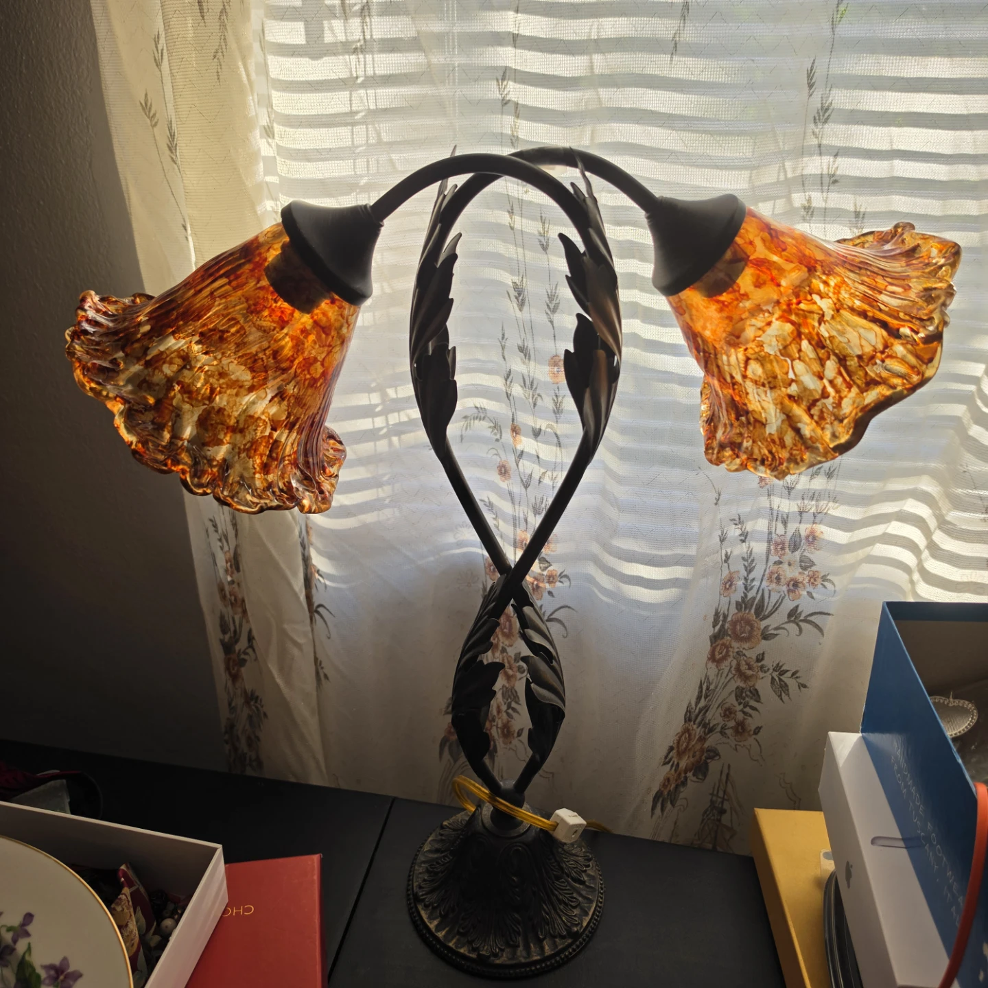 Amber Swirl Glass Table Lamp with Dual Lights