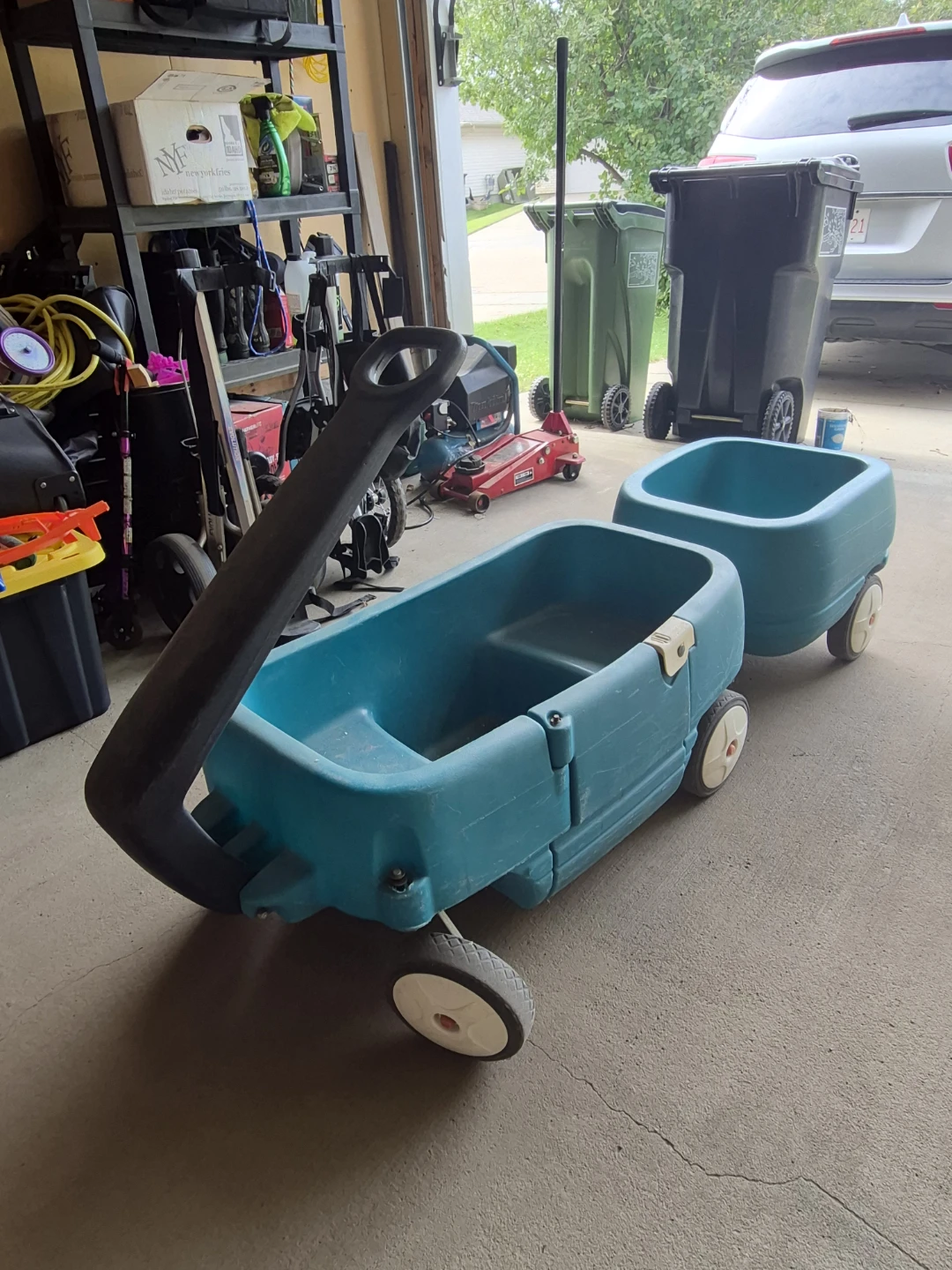 Teal Plastic Wagon with Trailer