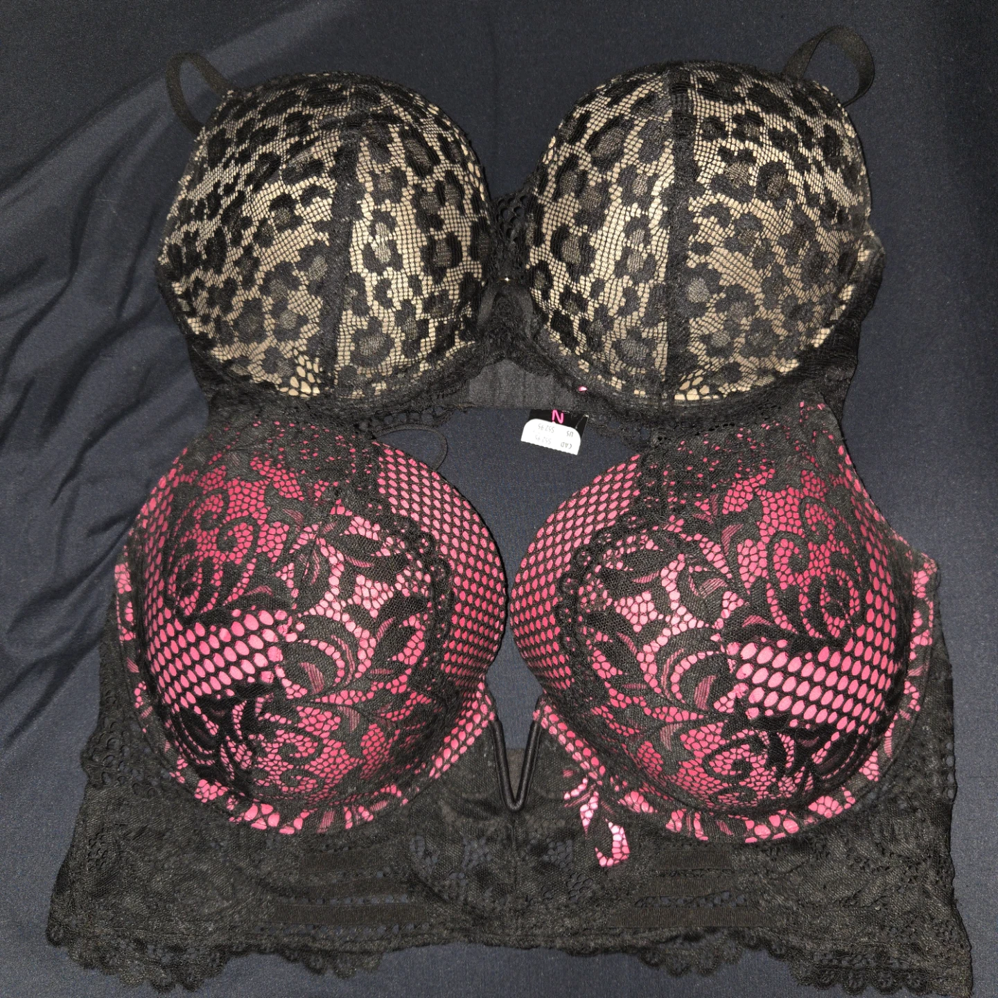 Two Lace Padded Bras - Black/Pink and Black/Tan