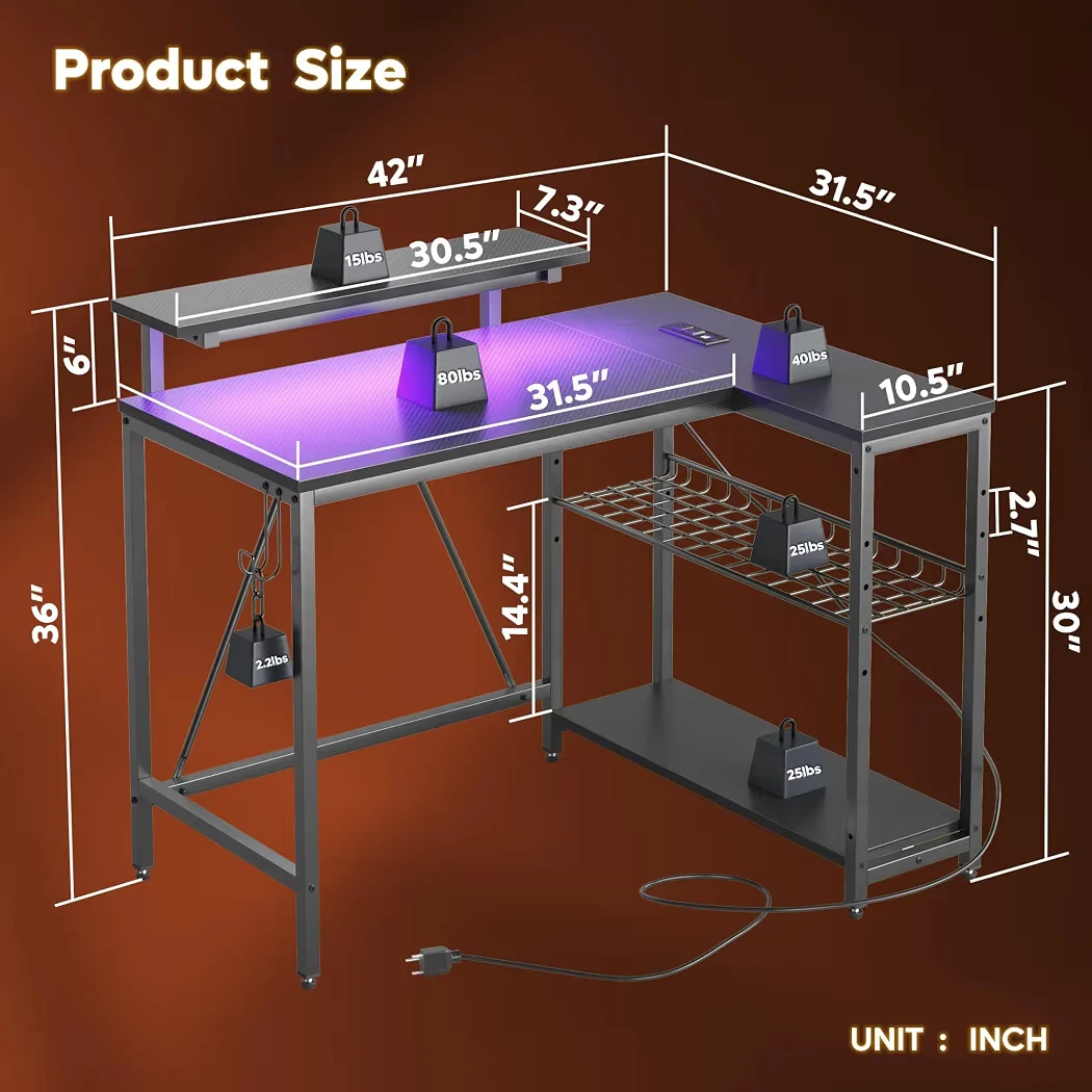 L Shaped Gaming Desk with Power Outlets, 42 inch Computer Desk - photo 2