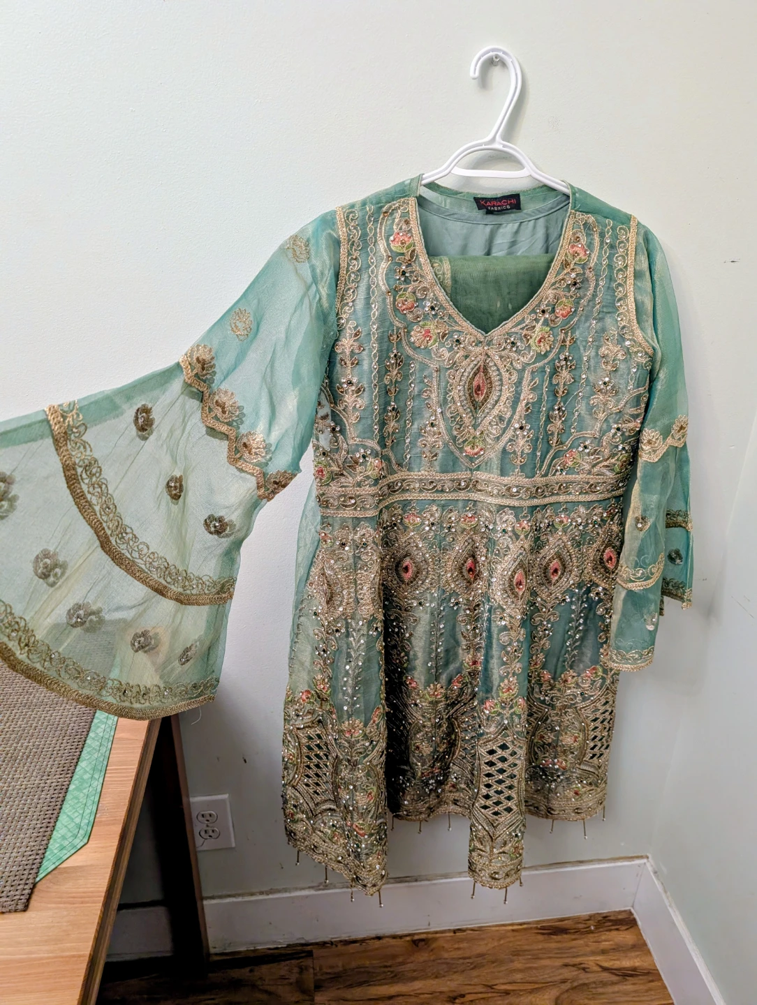 Embellished Teal Kurti with Pants and Dupatta Set - photo 2