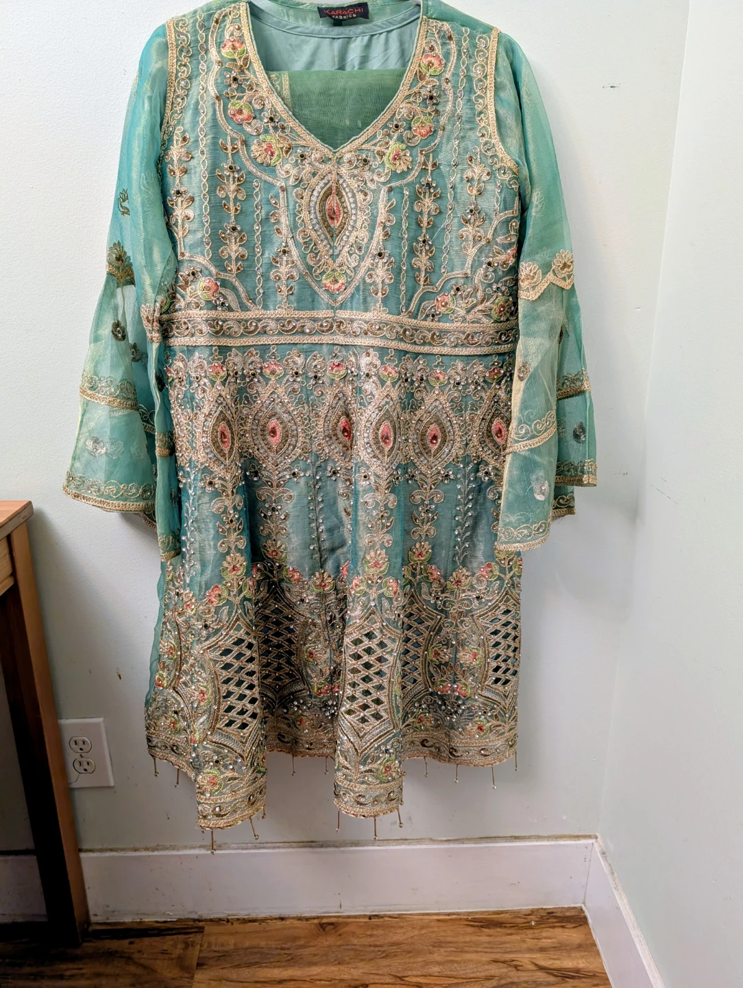 Embellished Teal Kurti with Pants and Dupatta Set - photo 3