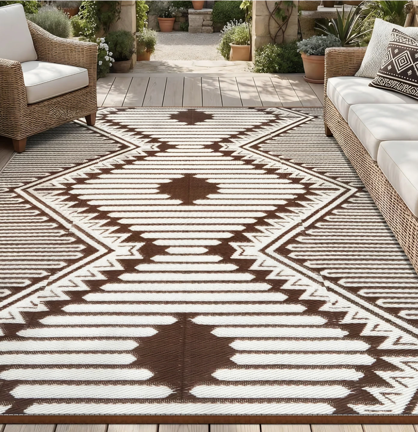 Outdoor Area Rug - BOHO Brown and White Geometric Pattern