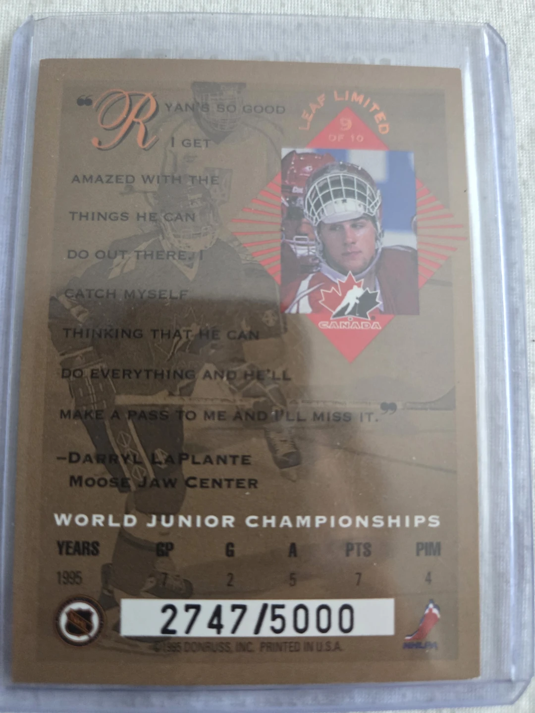 1995 Leaf Limited Ryan Smyth Rookie Card - World Juniors - photo 2