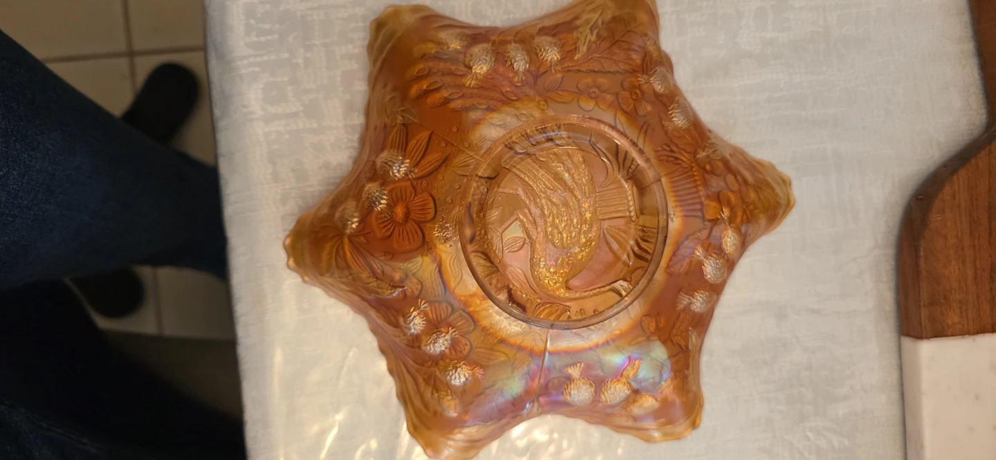 Orange Fenton  Iridescent Glass Bowl with Peacock Design - photo 2