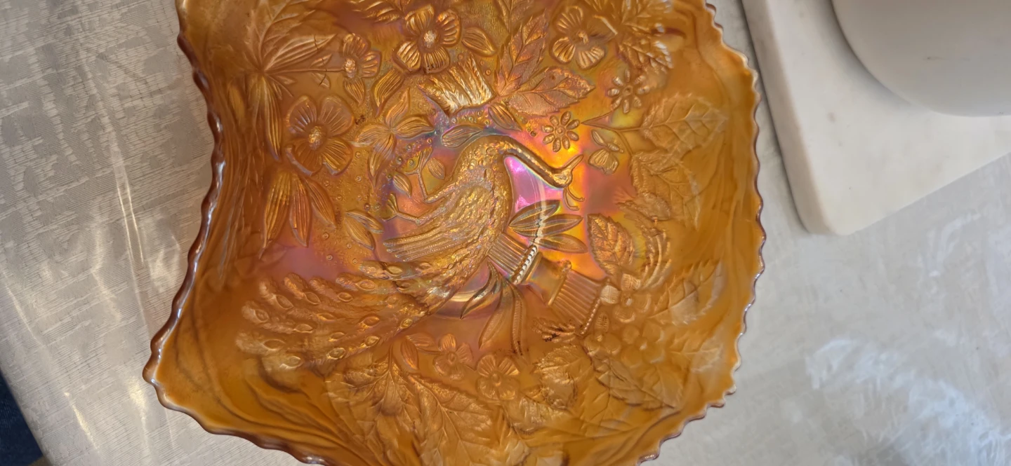 Orange Fenton  Iridescent Glass Bowl with Peacock Design - photo 4