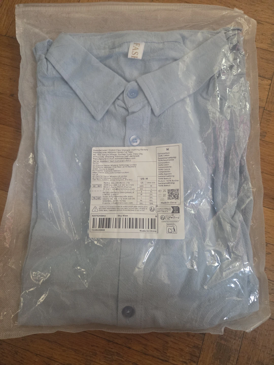 Light Blue 100% Cotton Button-Up Shirt - Size M