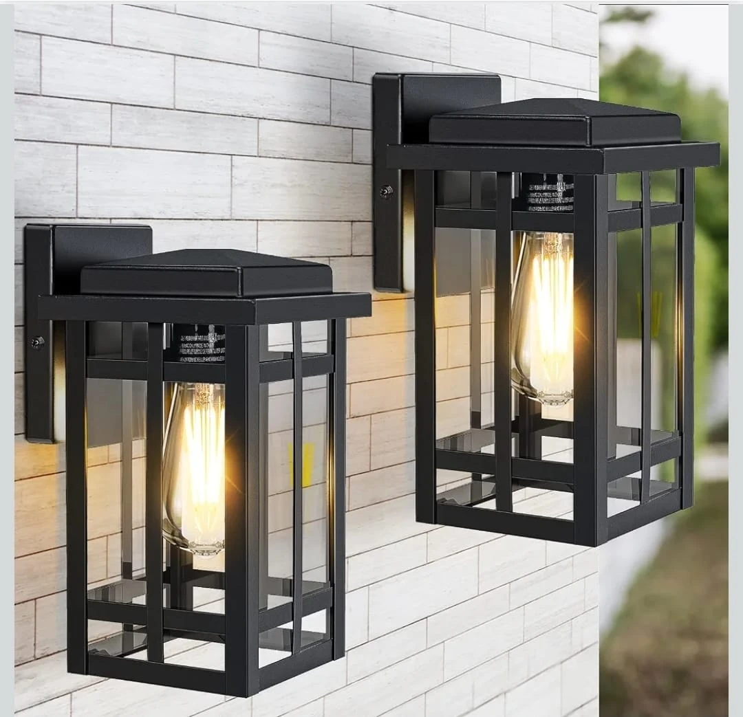 Black Outdoor Wall Light Fixture with Glass Lantern