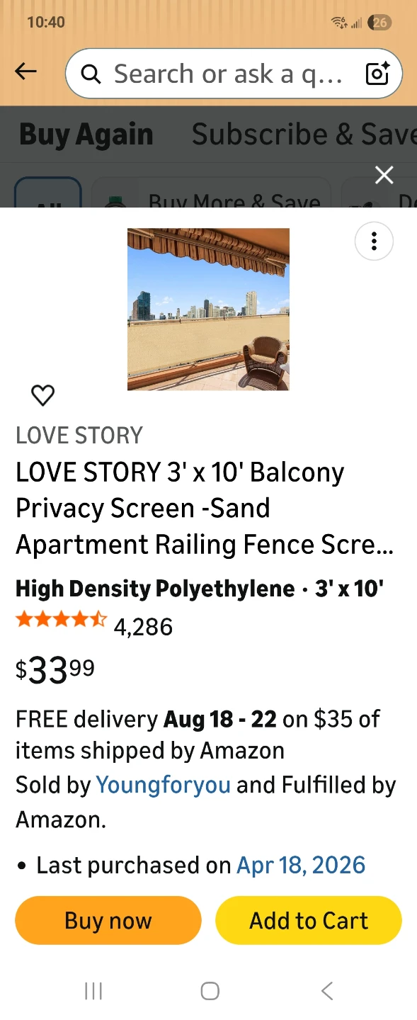 LOVE STORY 3' x 10' Balcony Privacy Screen - Sand - photo 2