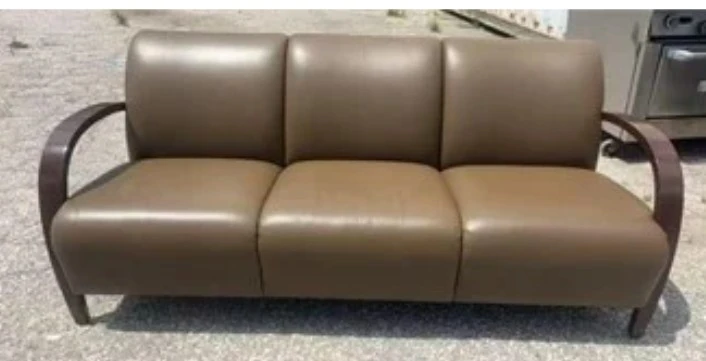 Brown Leather Sofa with Wooden Accents
