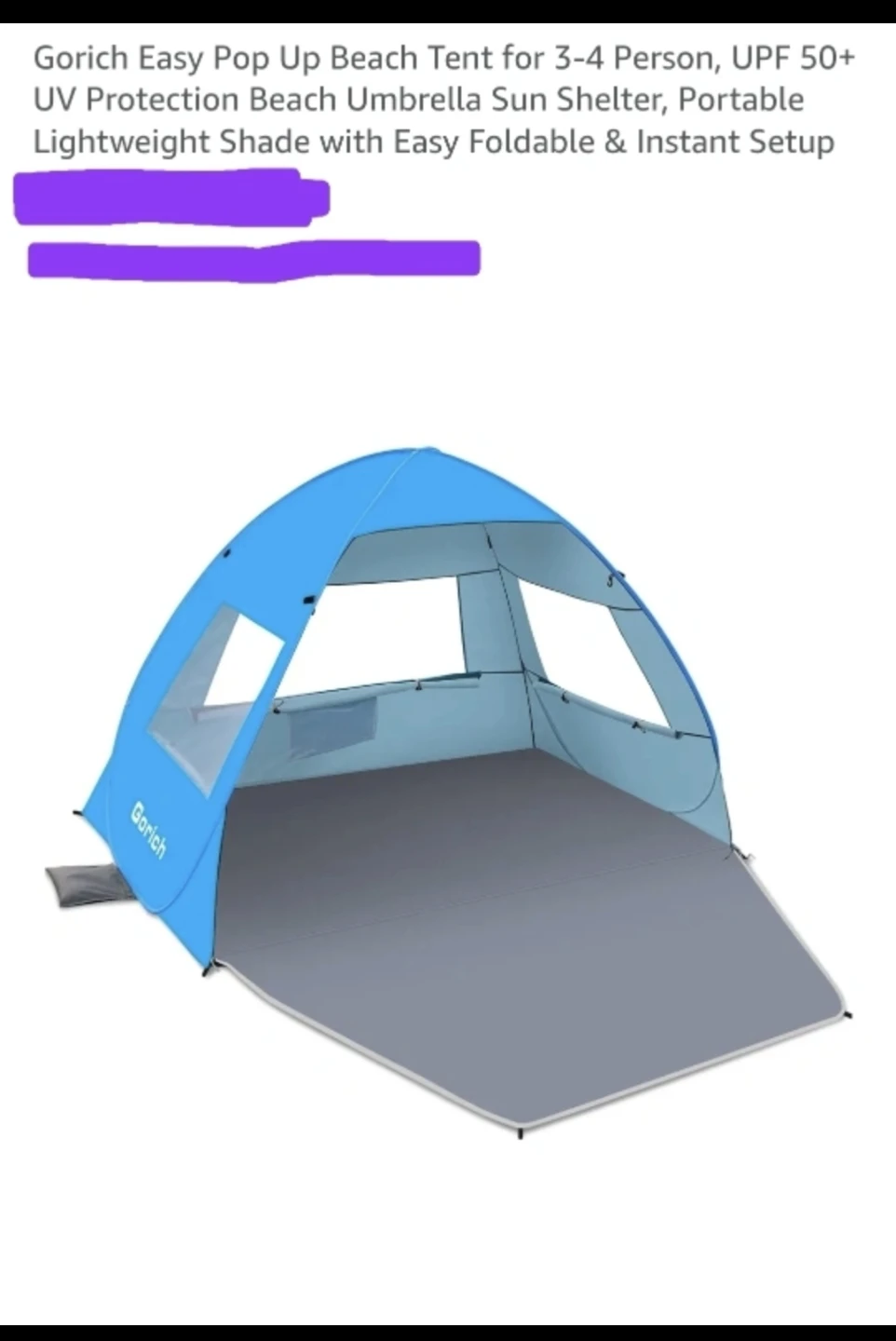New Gorich Easy Pop Up Beach Tent for 3-4 Person,