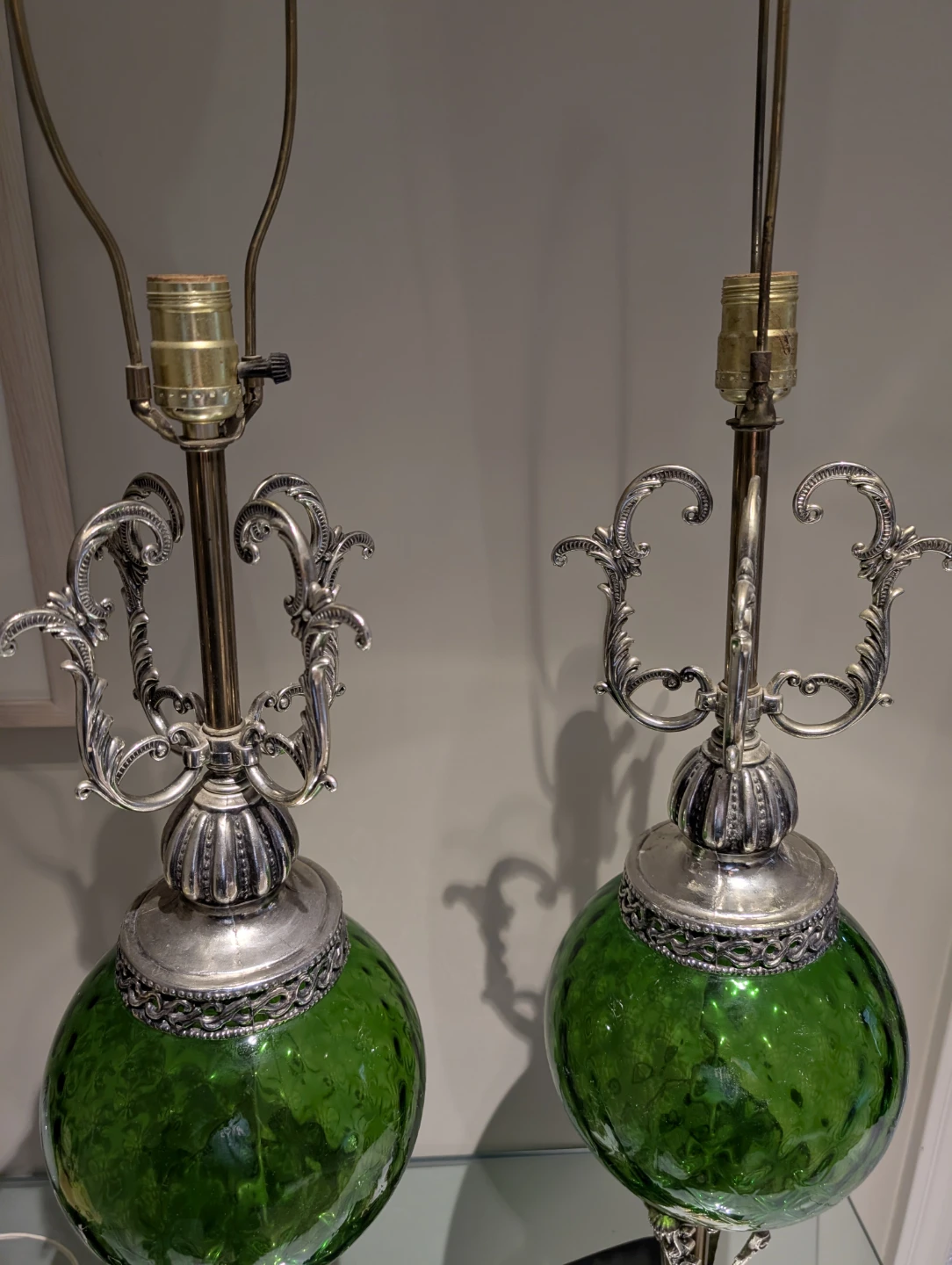 Pair of Green Glass Table Lamps with Ornate Silver Base - photo 3