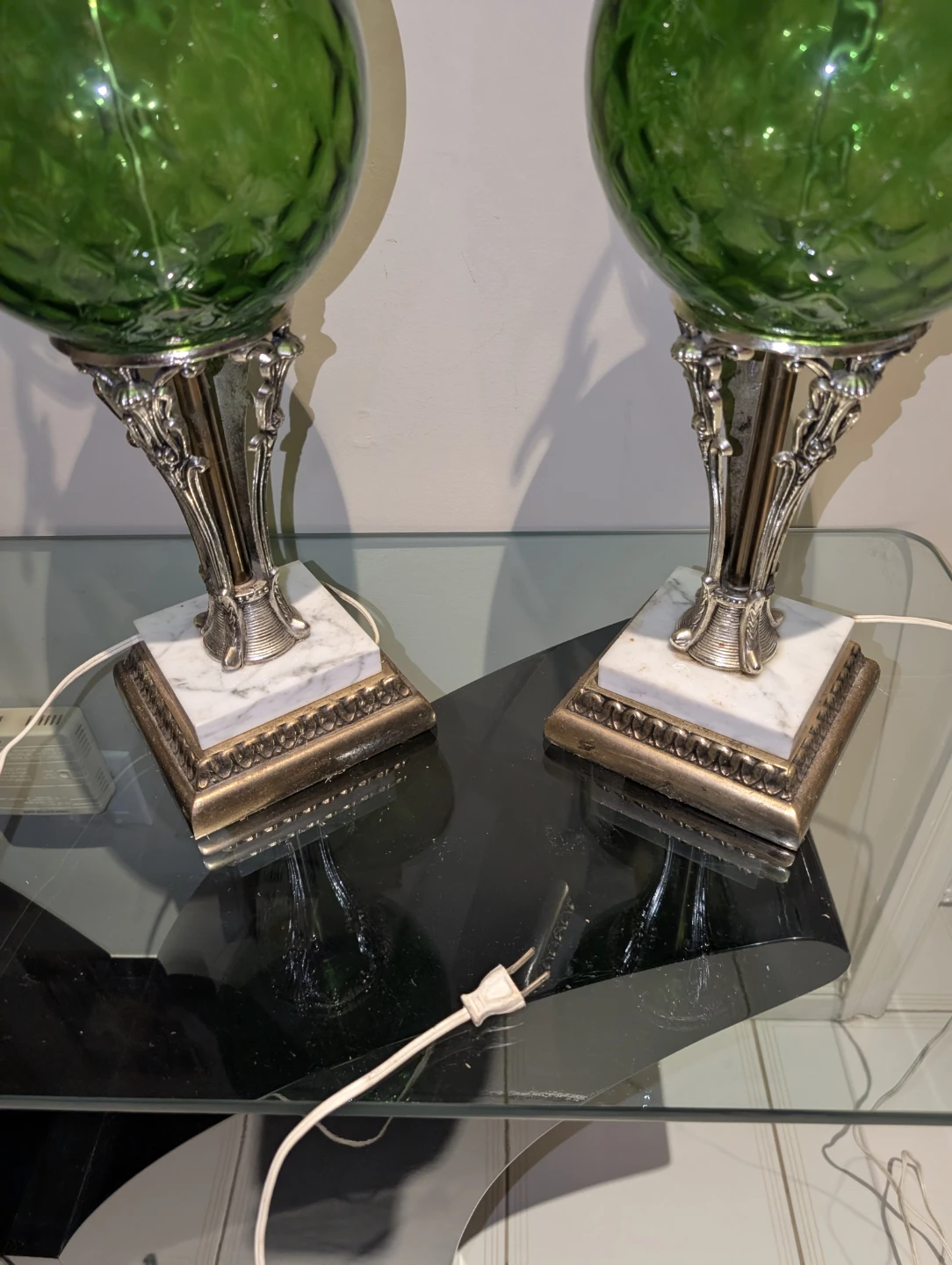 Pair of Green Glass Table Lamps with Ornate Silver Base - photo 5