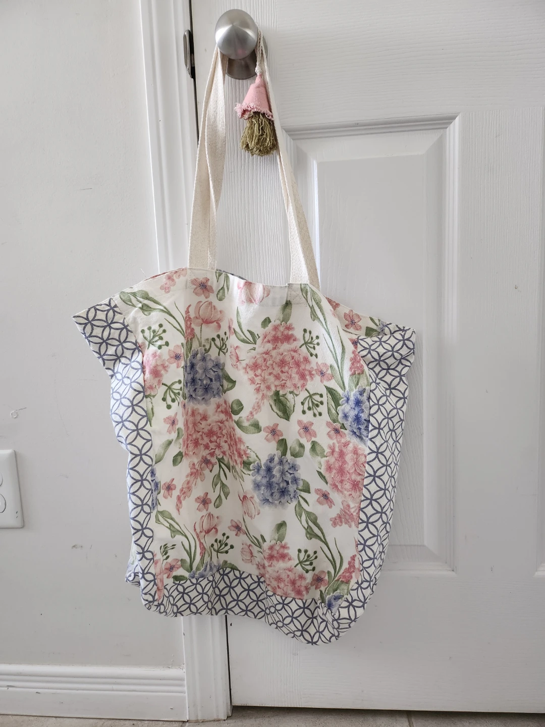 Floral Tote Bag with Tassel Accent