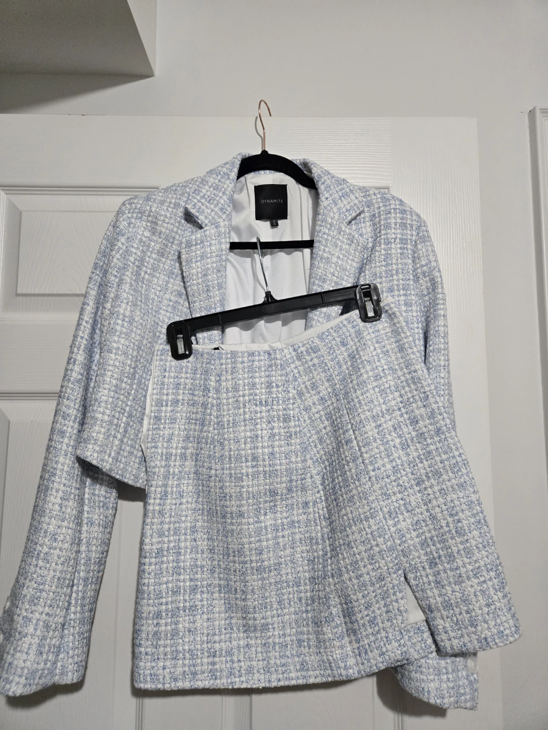 Dynamite Tweed Blazer and Skirt Set - Light Blue