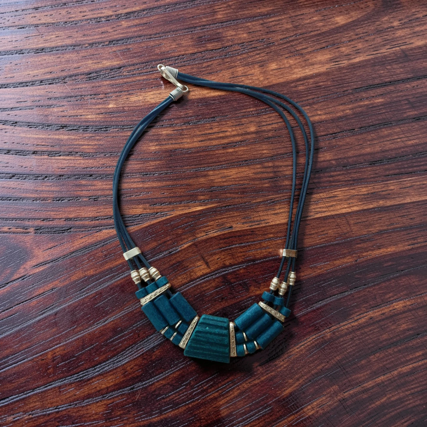 Teal Wood Bead Necklace with Gold Accents
