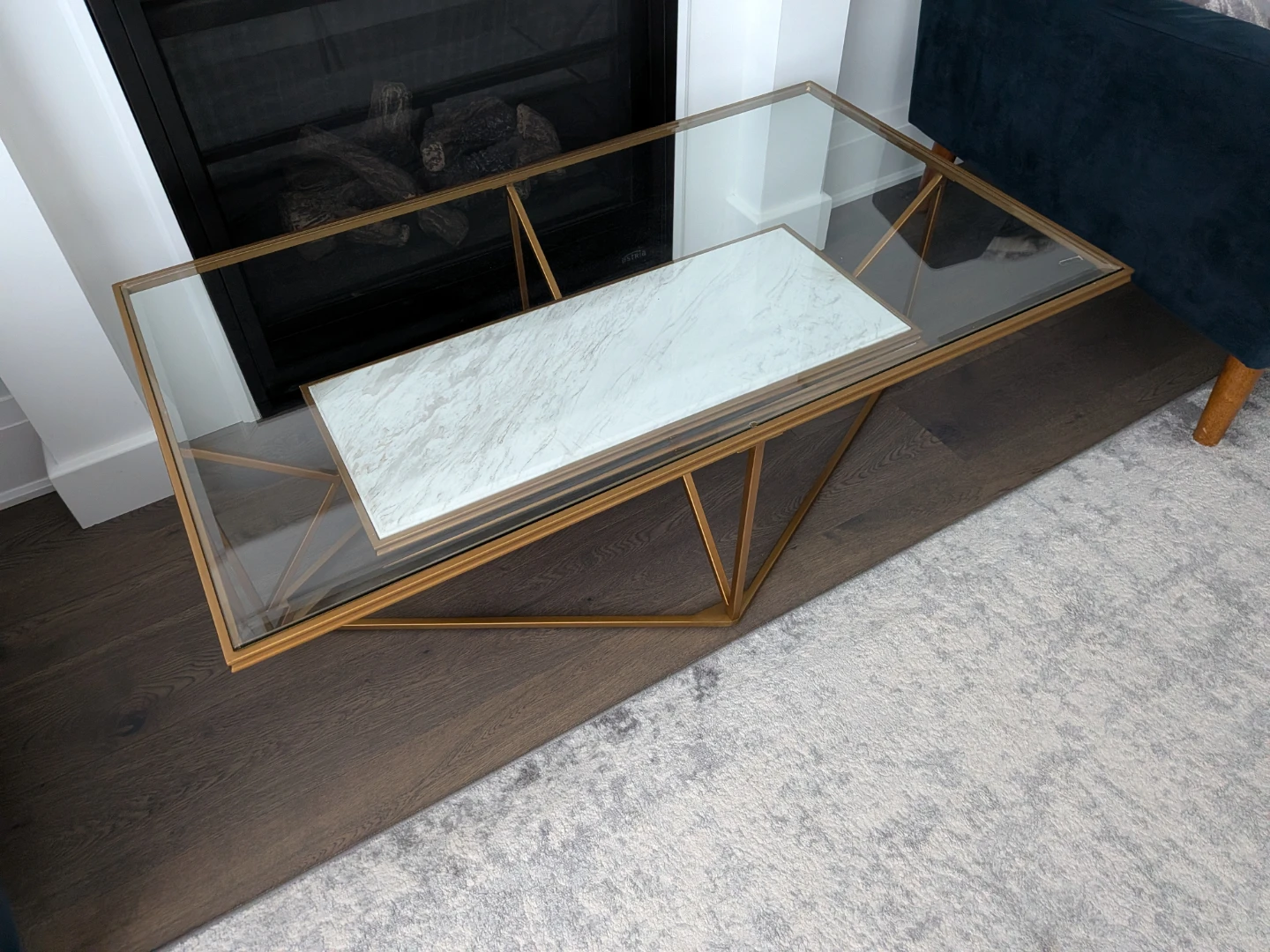 Gold Geometric Coffee Table with Glass and Quartz Top