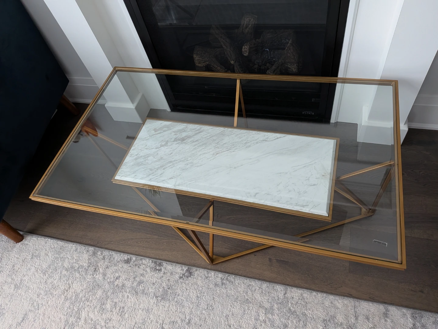 Gold Geometric Coffee Table with Glass and Quartz Top - photo 2