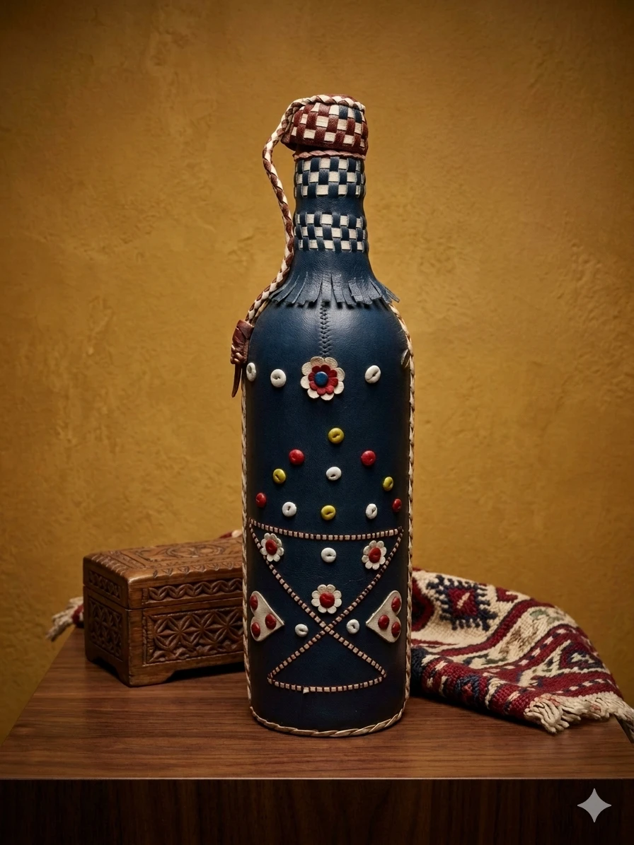 Vintage Yugoslavian Folk Art Leather-Wrapped Glass Decanter