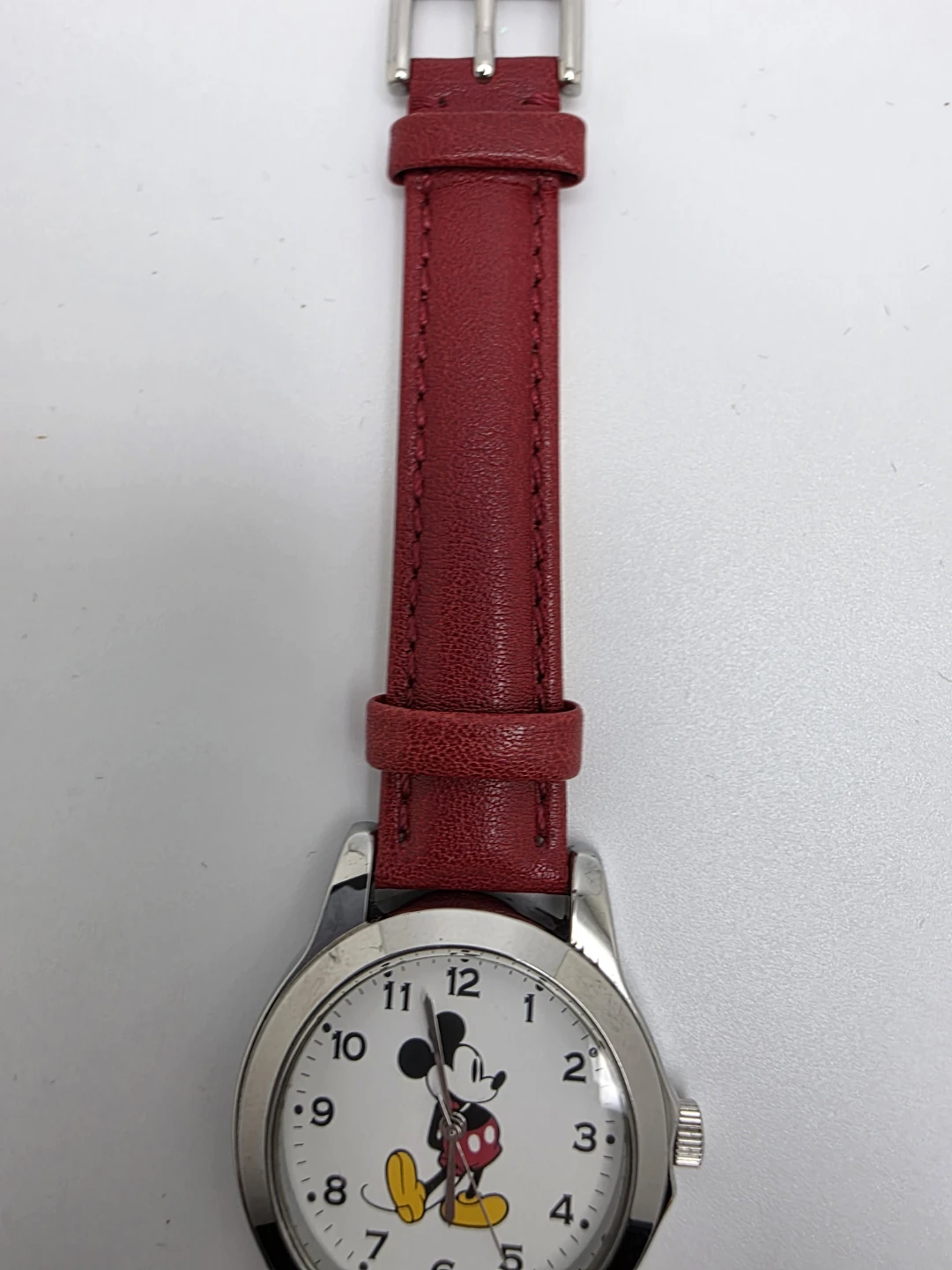 Disney Mickey Mouse Watch Red Leather Band Silver Tone Quartz - photo 3